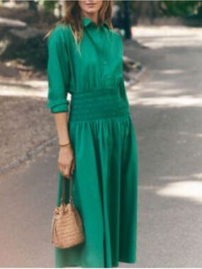 NWT Ann Taylor Long Sleeve Kelly Green Smocked Waist Shirtdress Size 18